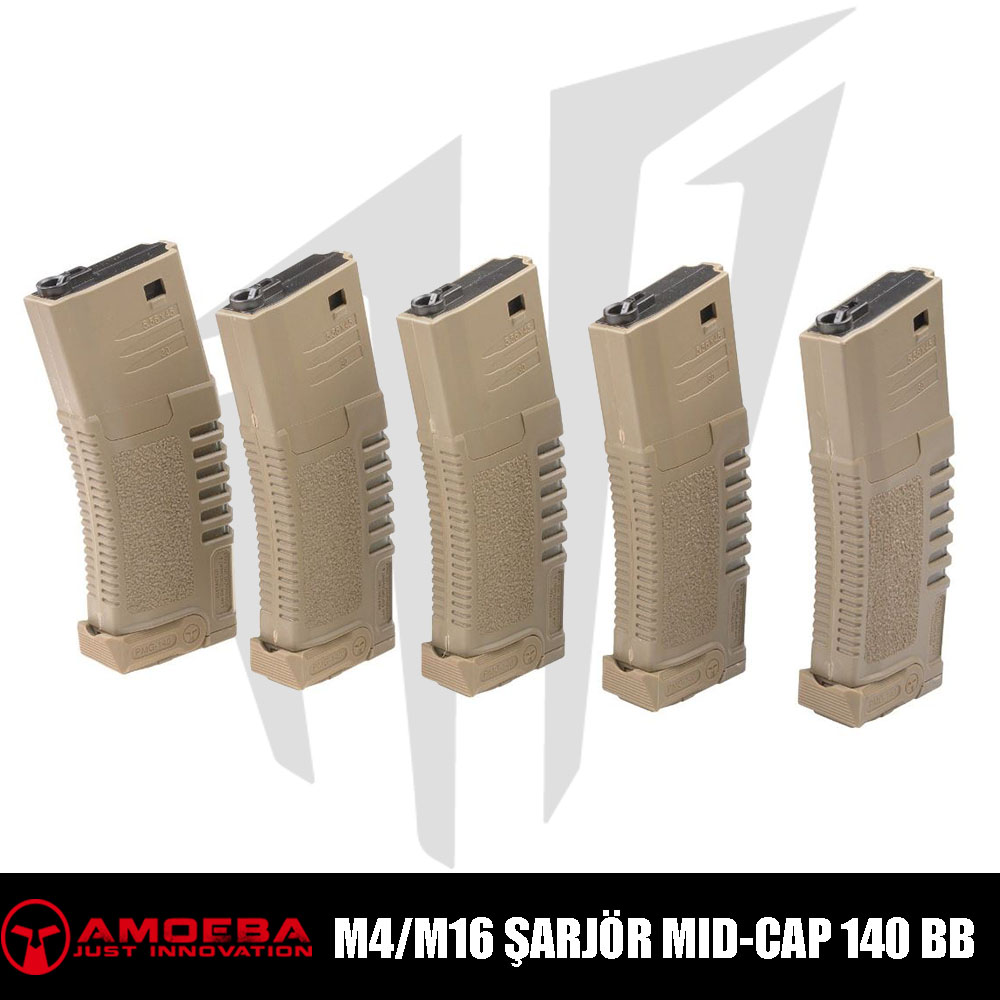 Amoeba M4/M16 Tipi Airsoft Tüfekler için 5X Mid-Cap 140 BB. PMG Orta Kapaklı Airsoft Şarjör – Tan