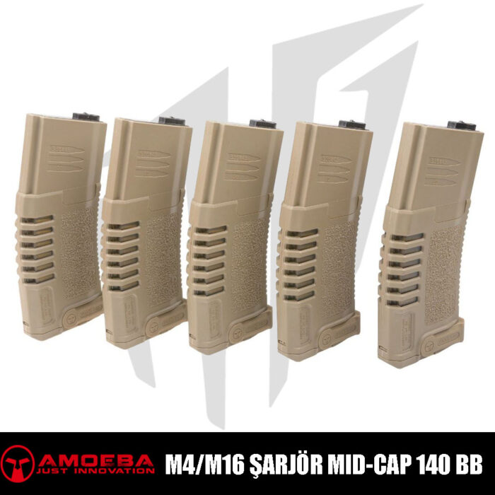 AMOEBA M4/M16 Tipi Airsoft Türfrkler için 5X Mid-Cap 140 BB. PMG Orta Kapaklı Airsoft Şarjör – Tan