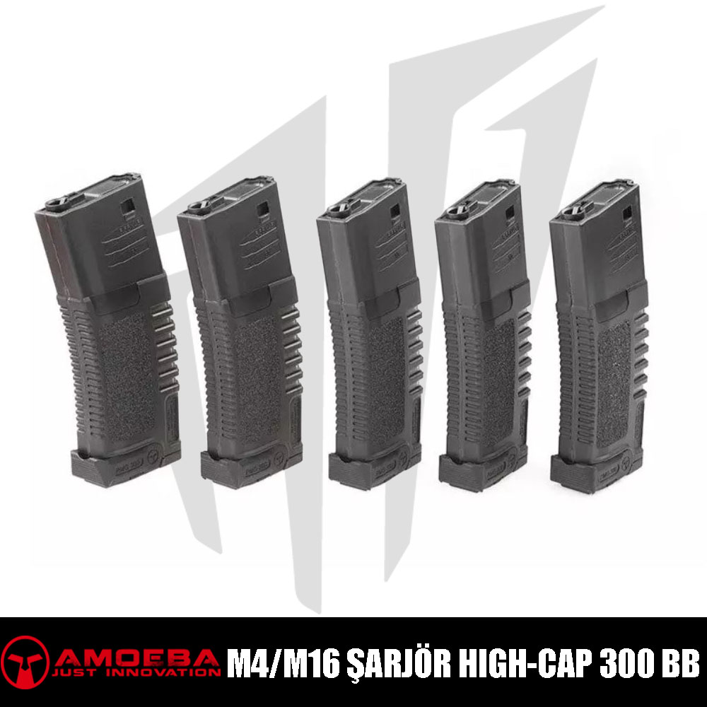 Amoeba M4/M16 Tipi Airsoft Tüfekler için 5X High-Cap 300 BB. PMG Orta Kapaklı Airsoft Şarjör – Siyah