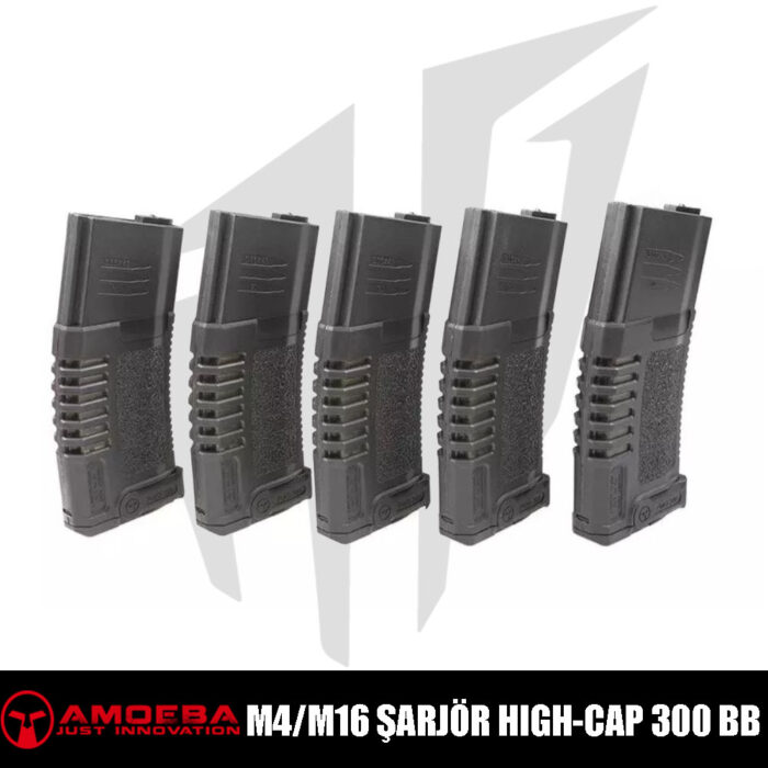 AMOEBA M4/M16 Tipi Airsoft Türfrkler için 5X High-Cap 300 BB. PMG Orta Kapaklı Airsoft Şarjör – Tan