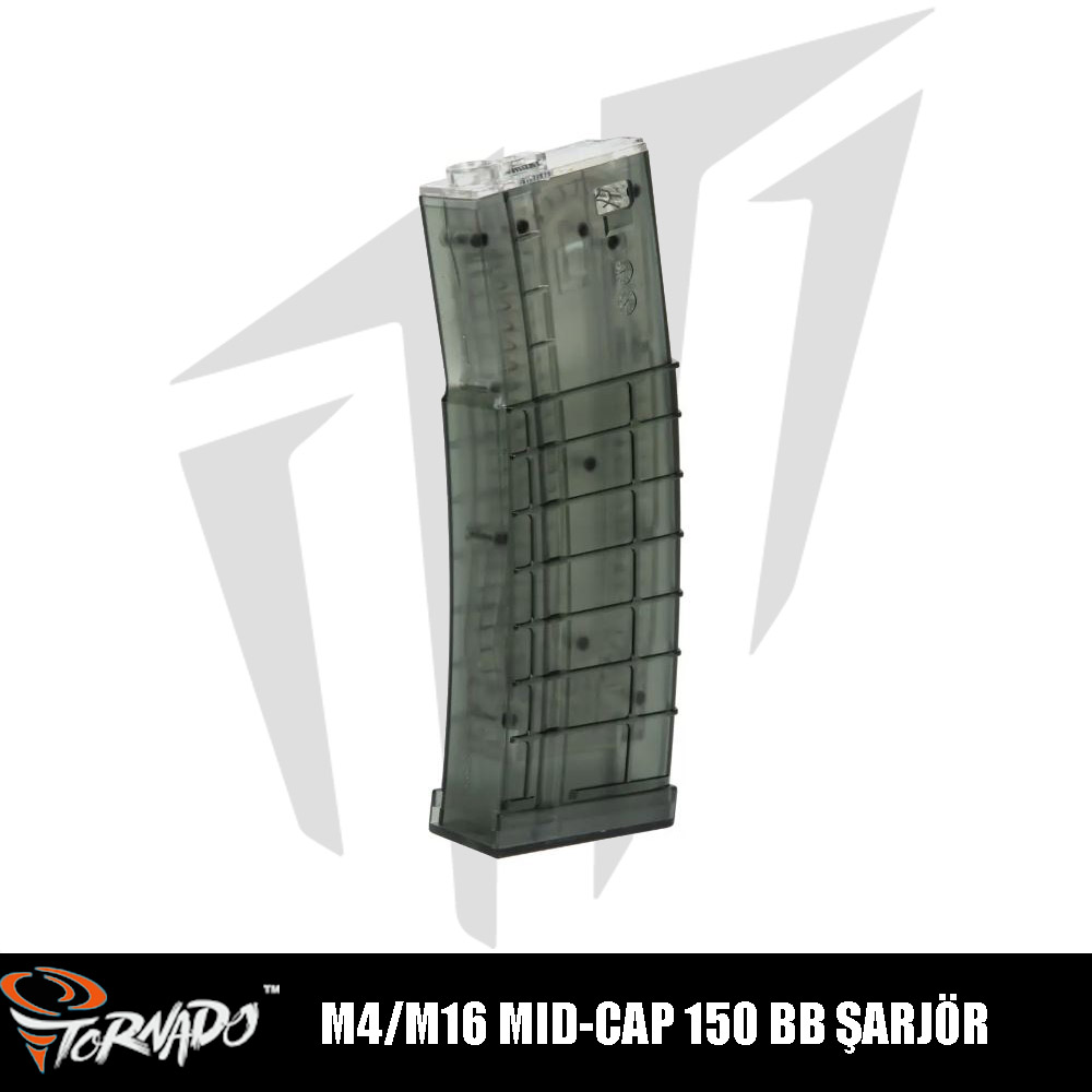 Tornado M4/M16 Airsoft Tüfekleri İçin 150 BB’lik Mid-Cap Airsoft Şarjör Tip 1 – Şeffaf Gri