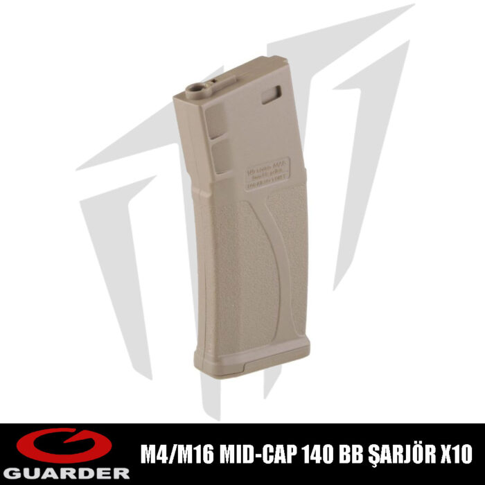 Guarder M4/M16 Airsoft Tüfekleri İçin 10'lu Orta Boy 140 BB'lik Mid-Cap Airsoft Şarjör - Tan