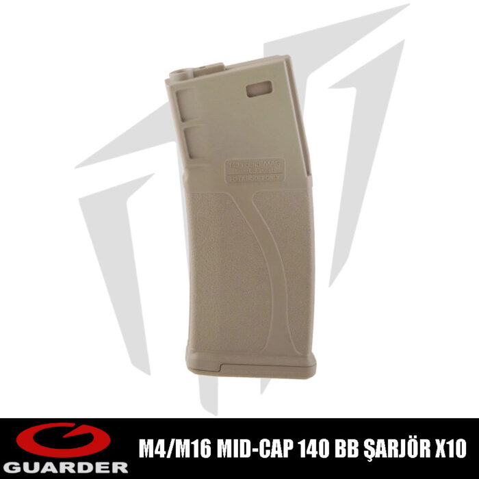 Guarder M4/M16 Airsoft Tüfekleri İçin 10'lu Orta Boy 140 BB'lik Mid-Cap Airsoft Şarjör - Tan