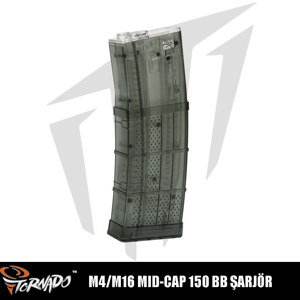 Tornado M4/M16 Airsoft Tüfekleri İçin 150 BB’lik Mid-Cap Airsoft Şarjör – Şeffaf Gri