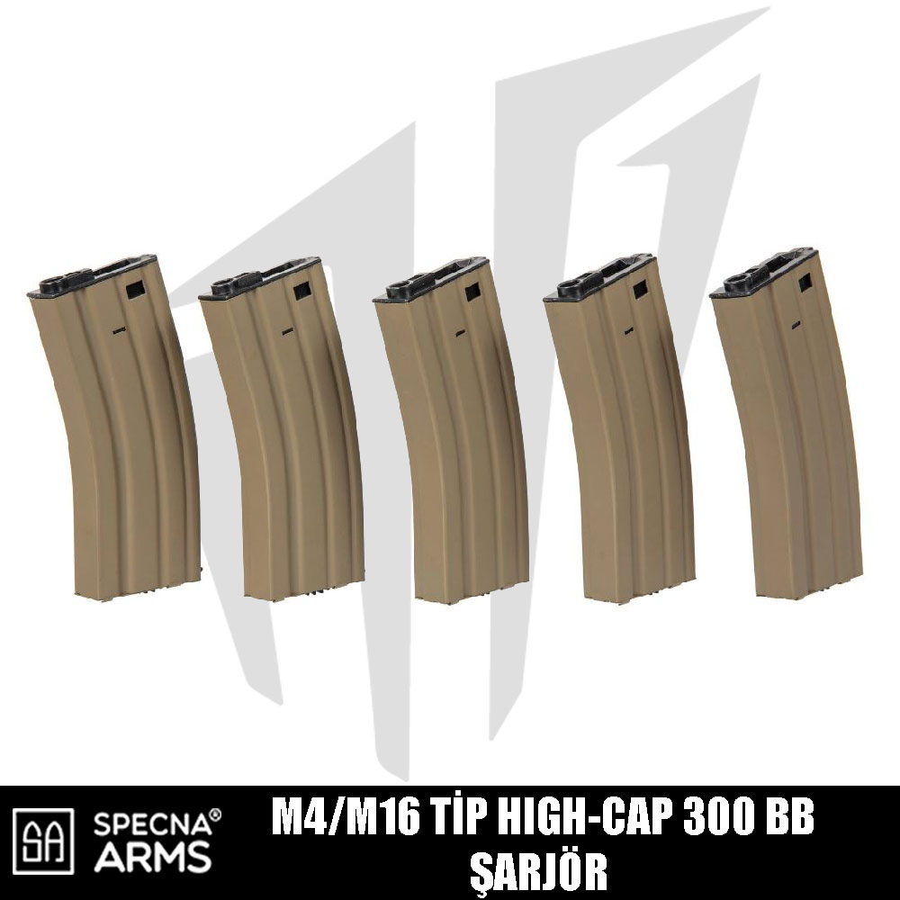 Specna Arms M4/M16 Airsoft Tüfekleri İçin High-Cap 300 BB 5'li Airsoft Şarjör Seti - Tan