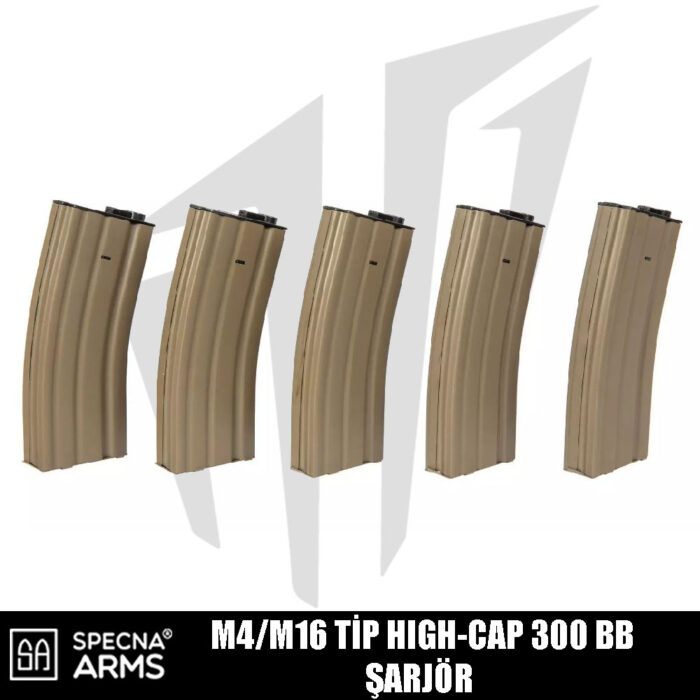 Specna Arms M4/M16 Airsoft Tüfekleri İçin High-Cap 300 BB 5'li Airsoft Şarjör Seti - Tan