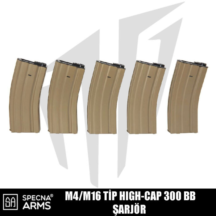 Specna Arms M4/M16 Airsoft Tüfekleri İçin High-Cap 300 BB 5'li Airsoft Şarjör Seti - Tan