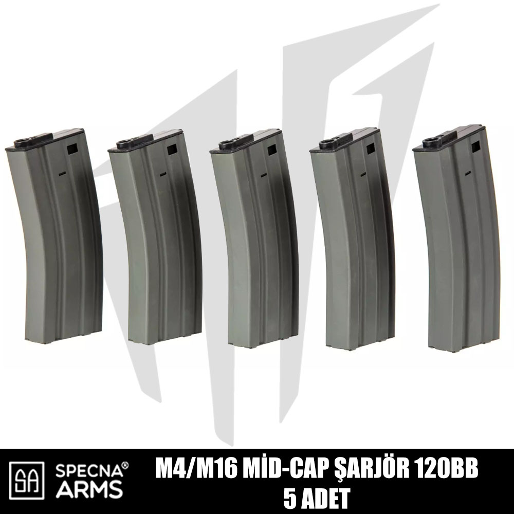 Specna Arms M4/M16 Airsoft Tüfekleri İçin 5'li Mid-Cap 120 BB Şarjör Seti - Gri