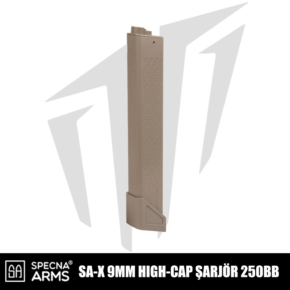 Specna Arms Sa-x 9MM Airsoft Tüfekleri İçin High-Cap 250 BB Airsoft Şarjör – Tan