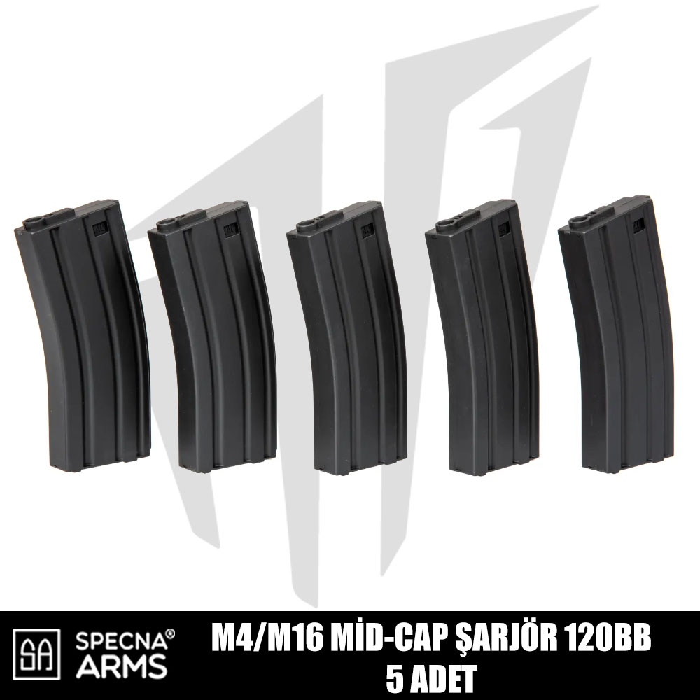 Specna Arms M4/M16 Airsoft Tüfekleri İçin 5'li Mid-Cap 120 BB Şarjör Seti - Siyah