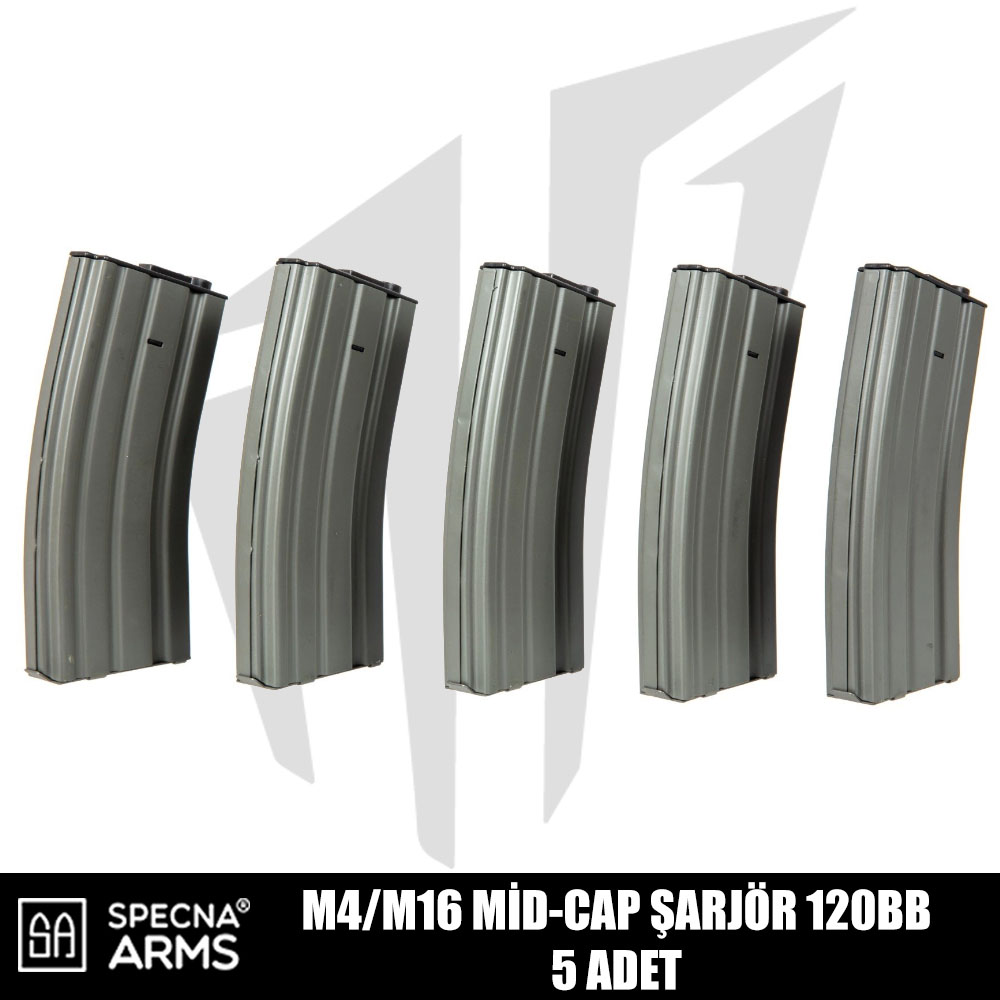 Specna Arms M4/M16 Airsoft Tüfekleri İçin 5'li Mid-Cap 120 BB Şarjör Seti - Gri Specna Arms M4/M16 Airsoft Tüfekleri İçin 5'li Mid-Cap 120 BB Şarjör Seti - Gri