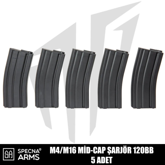 Specna Arms M4/M16 Airsoft Tüfekleri İçin 5'li Mid-Cap 120 BB Şarjör Seti - Siyah