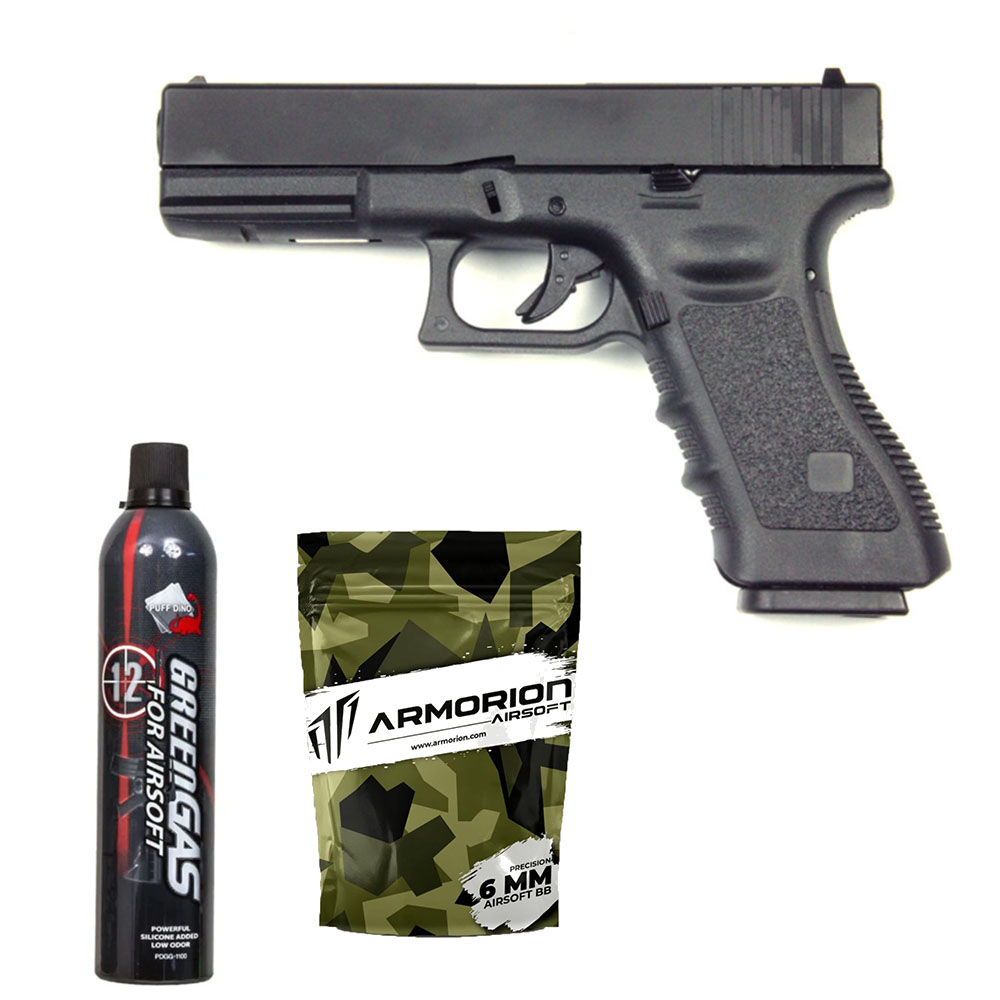 E&C Glock G17 Gen3 Airsoft Tabanca – Siyah – Silikonlu Green Gas 600 ML – 0.20G BB – 1kg