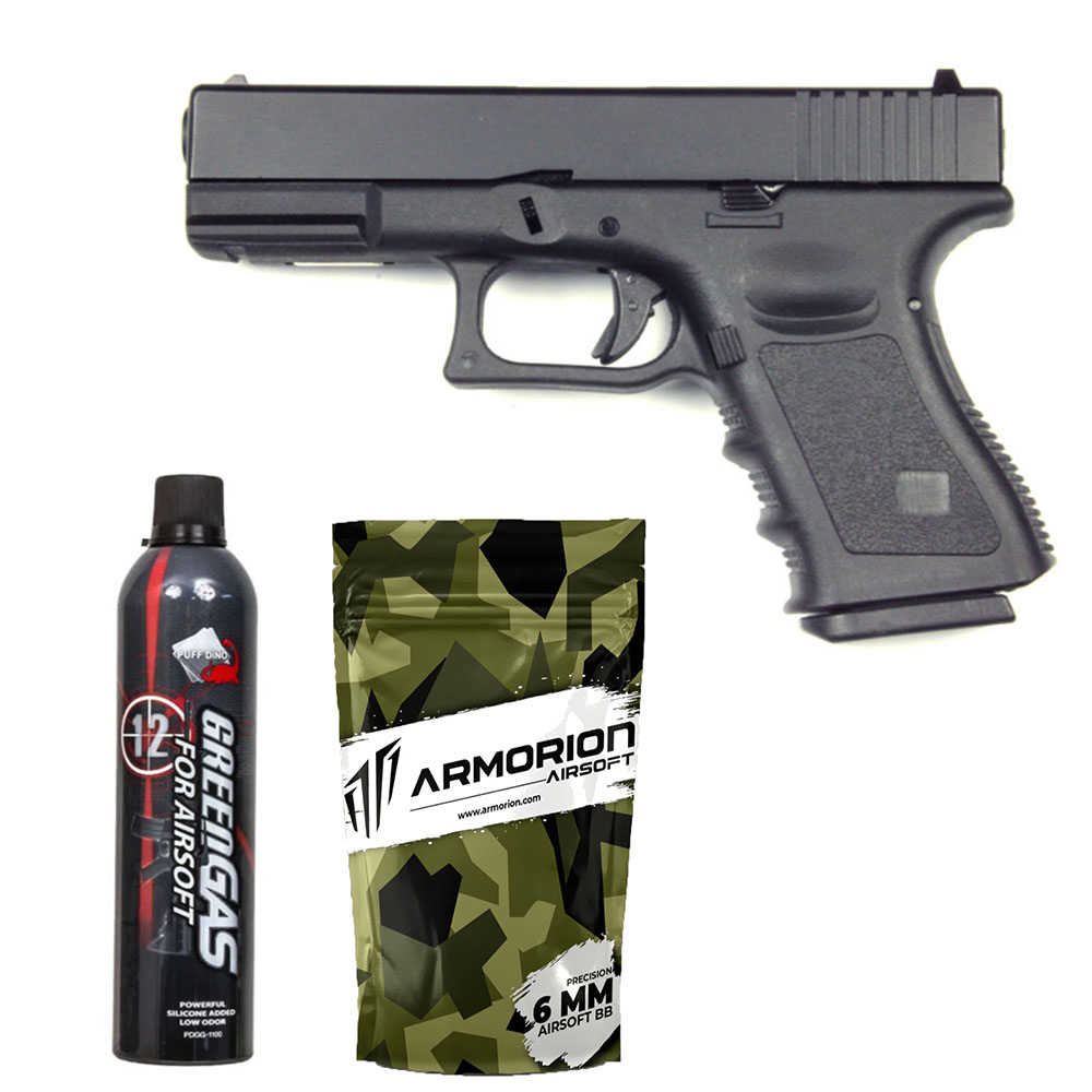 E&C Glock G19 Gen3 Airsoft Tabanca – Siyah – Silikonlu Green Gas 600 ML – 0.20G BB – 1kg