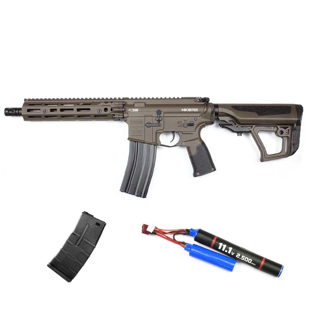 ICS Airsoft EMG X Daniel Defense DD4 MK18 RIII S3 Airsoft Tüfeği – Coyote - ICS T Tactical Mid-Cap Airsoft Şarjör 120BB – Siyah - Armorion Lithium-Ion Pil 11.1V 2800Mah 2 Yaprak – T Plug