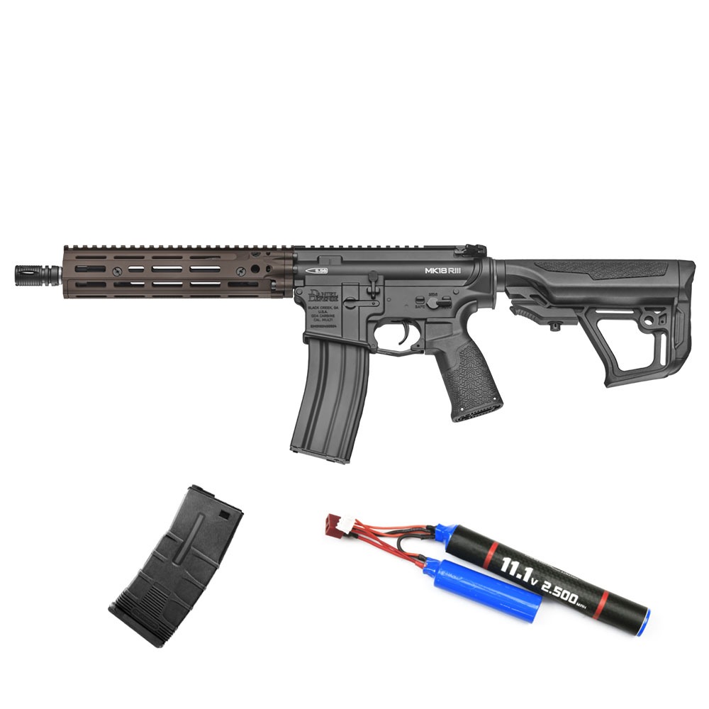 ICS Airsoft EMG X Daniel Defense DD4 MK18 RIII S3 Airsoft Tüfeği – FDE– ICS T Tactical Mid-Cap Airsoft Şarjör 120BB – Siyah – Armorion Lithium-Ion Pil 11.1V 2500Mah 2 Yaprak – T Plug