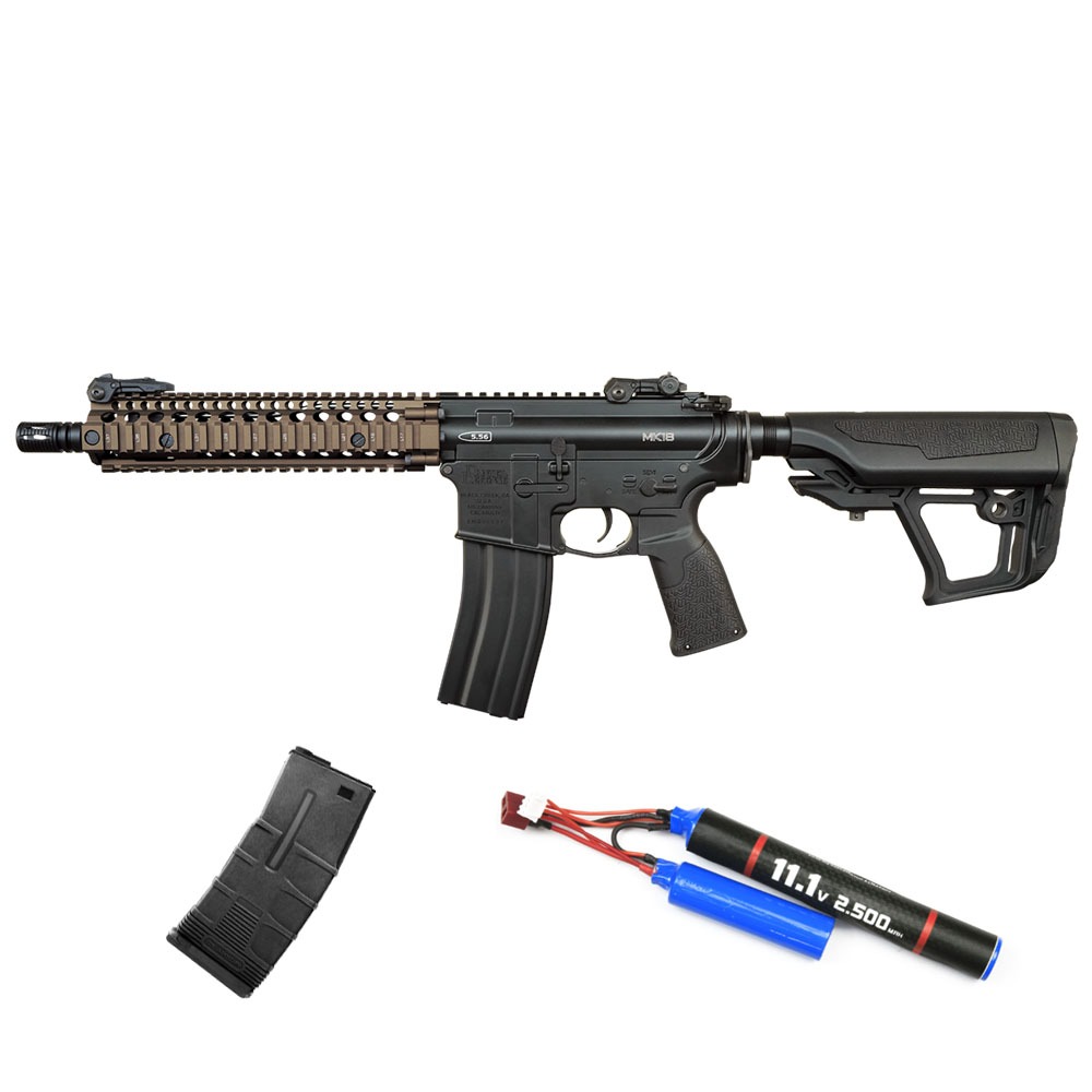 ICS Airsoft EMG X Daniel Defense MK18 S3 Airsoft Tüfeği – FDE – ICS T Tactical Mid-Cap Airsoft Şarjör 120BB – Siyah – Armorion Lithium-Ion Pil 11.1V 2500Mah 2 Yaprak – T Plug