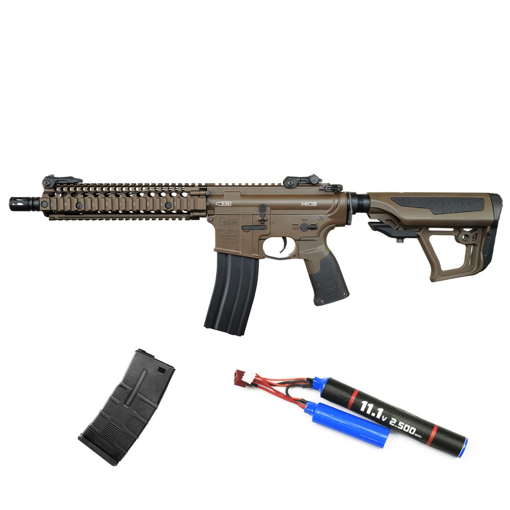 ICS Airsoft EMG X Daniel Defense MK18 S3 Airsoft Tüfeği – Coyote – ICS T Tactical Mid-Cap Airsoft Şarjör 120BB – Siyah – Armorion Lithium-Ion Pil 11.1V 2500Mah 2 Yaprak – T Plug