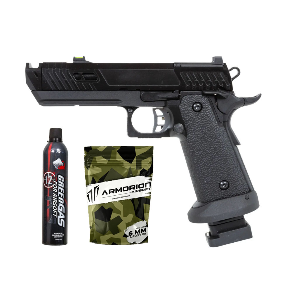 SRC Airsoft Dark Viper TTI DUAL POWER Airsoft Tabanca ve Taşıma Çantası – Siyah – Armorion Airsoft BB 0.20g – 1kg – Puff Dino Silikonlu Green Gas 600 ML