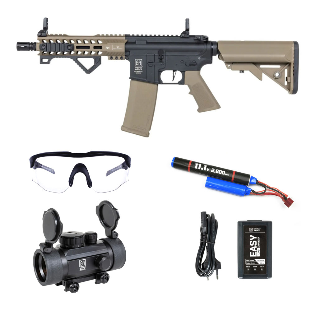 Specna Arms SA-C17 Airsoft Tüfeği CORE™ HAL ETU™ Gen.2 – Yarım Tan -Specna Arms CORE™ 1×30 Red Dot – Armorion Recce Airsoft Gözlüğü – Armorion Lithium-Ion Pil 11.1V 2800Mah 2 Yaprak – T Plug- EASY Li-Po Pil Şarj Cihazı