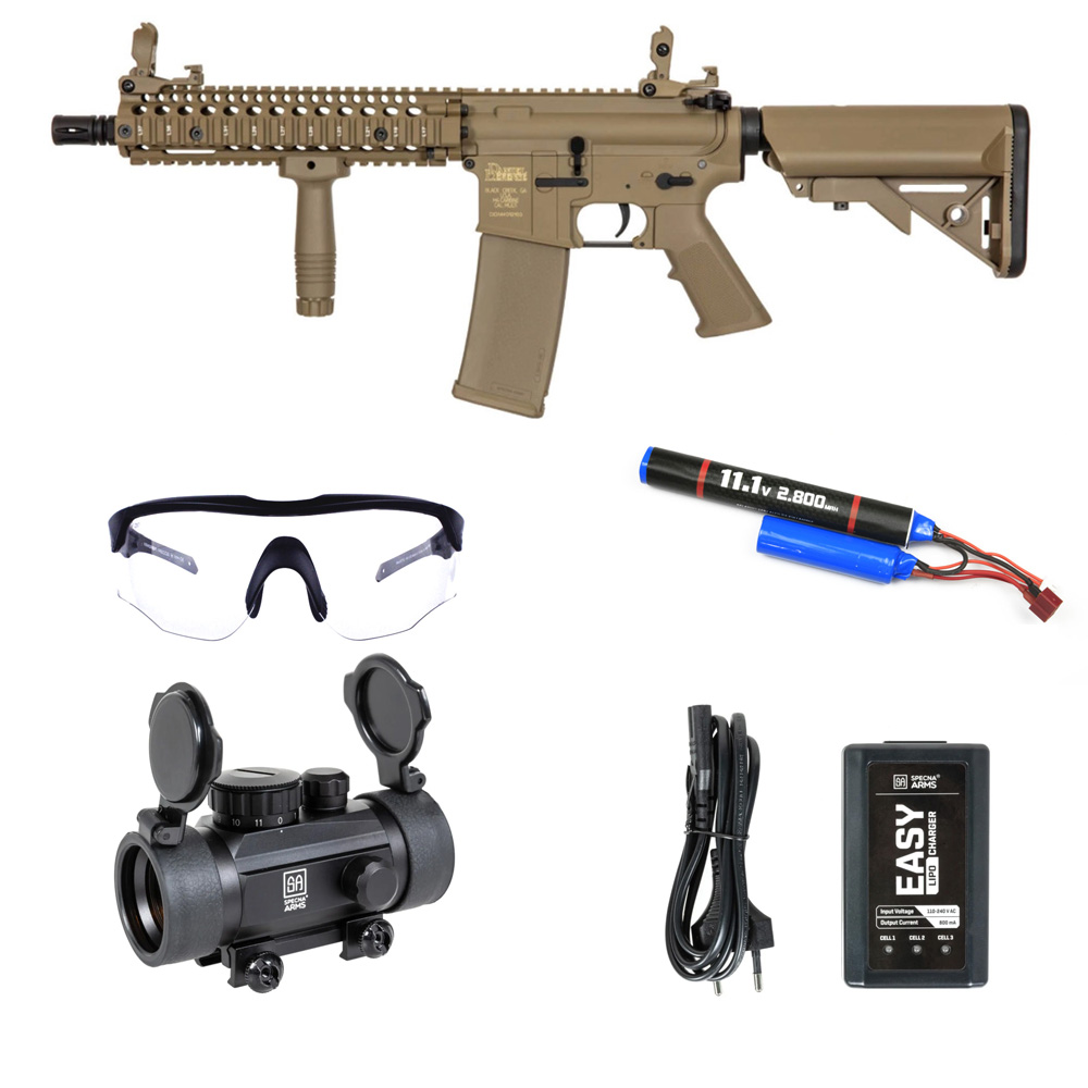 Specna Arms SA-C19 Airsoft Tüfeği DD® CORE™ HAL ETU™ Gen.2 – Full Tan -Specna Arms CORE™ 1×30 Red Dot – Armorion Recce Airsoft Gözlüğü – Armorion Lithium-Ion Pil 11.1V 2800Mah 2 Yaprak – T Plug- EASY Li-Po Pil Şarj Cihazı