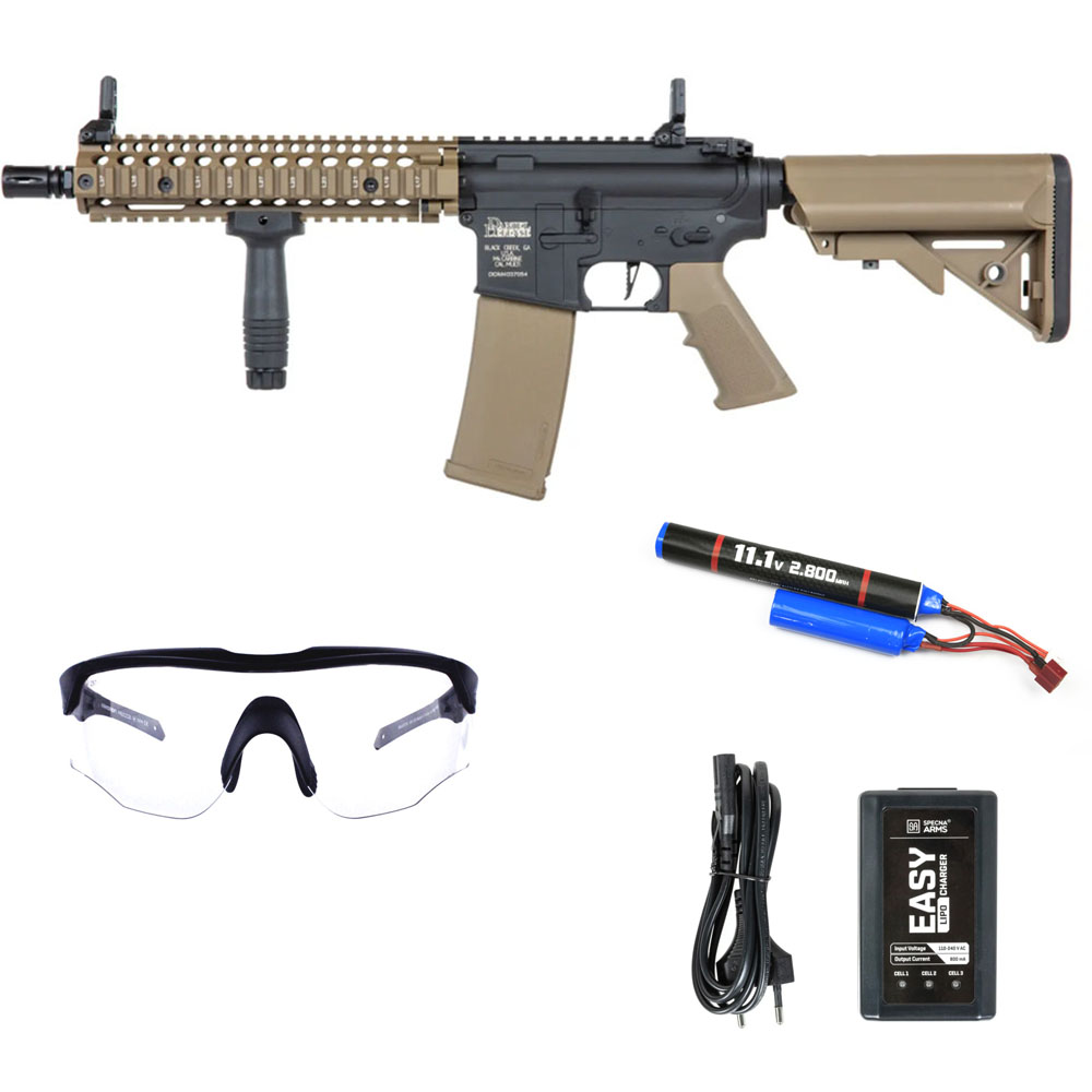 Specna Arms SA-C19 Airsoft Tüfeği DD® CORE™ HAL ETU™ Gen.2 – Yarım Tan – Armorion Recce Airsoft Gözlüğü – Armorion Lithium-Ion Pil 11.1V 2800Mah 2 Yaprak – T Plug- EASY Li-Po Pil Şarj Cihazı