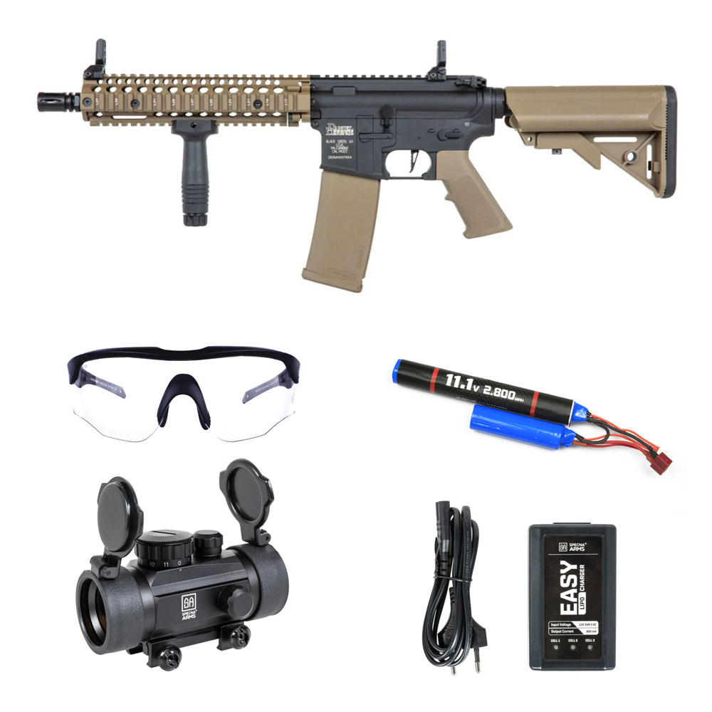 Specna Arms SA-C19 Airsoft Tüfeği DD® CORE™ HAL ETU™ Gen.2 – Yarım Tan-Specna Arms CORE™ 1×30 Red Dot – Armorion Recce Airsoft Gözlüğü – Armorion Lithium-Ion Pil 11.1V 2800Mah 2 Yaprak – T Plug- EASY Li-Po Pil Şarj Cihazı
