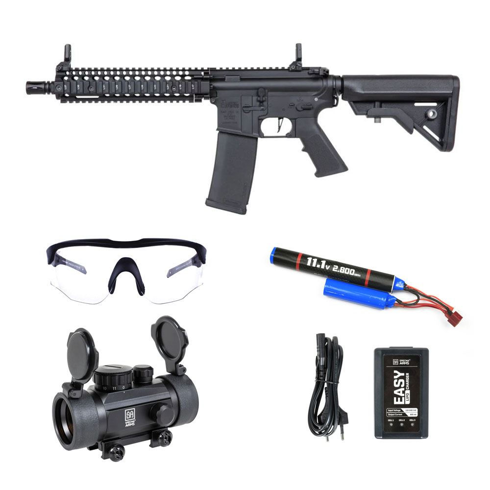 Specna Arms Daniel Defense® MK18 SA-E19 EDGE™ HAL 2™ ETU Gen.2 Airsoft Tüfeği – Siyah -Specna Arms CORE™ 1×30 Red Dot – Armorion Recce Airsoft Gözlüğü – Armorion Lithium-Ion Pil 11.1V 2800Mah 2 Yaprak – T Plug- EASY Li-Po Pil Şarj Cihazı