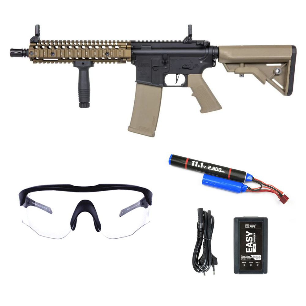 Specna Arms Daniel Defense® Airsoft Tüfeği MK18 SA-E19 EDGE™ HAL 2™ ETU Gen.2 – Yarım Tan – Armorion Recce Airsoft Gözlüğü – Armorion Lithium-Ion Pil 11.1V 2800Mah 2 Yaprak – T Plug- EASY Li-Po Pil Şarj Cihazı