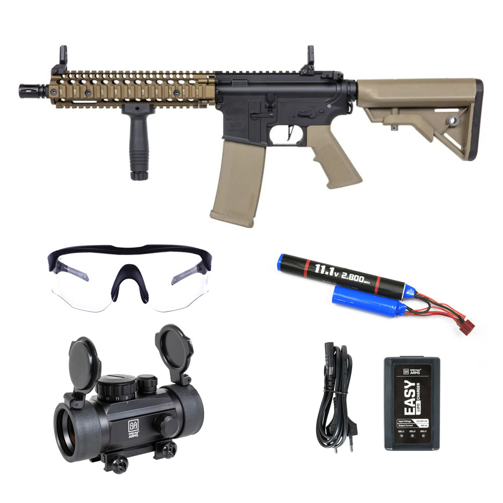 Specna Arms Daniel Defense® Airsoft Tüfeği MK18 SA-E19 EDGE™ HAL 2™ ETU Gen.2 – Yarım Tan -Specna Arms CORE™ 1×30 Red Dot – Armorion Recce Airsoft Gözlüğü – Armorion Lithium-Ion Pil 11.1V 2800Mah 2 Yaprak – T Plug- EASY Li-Po Pil Şarj Cihazı