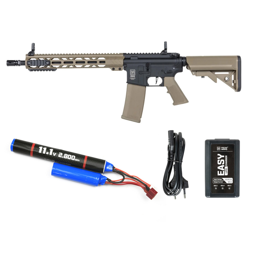 Specna Arms SA-F09 FLEX™ Airsoft Tüfeği HAL ETU™ Gen.2 – Yarım Tan – Armorion Lithium-Ion Pil 11.1V 2800Mah 2 Yaprak – T Plug – Specna Arms EASY Li-Po Pil Şarj Cihazı